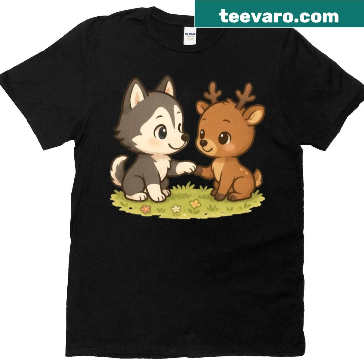 Chibi forest friendship illustration featuring paws and antlers on a T-shirt — on a men's t-shirt