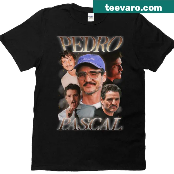 Retro vintage poster graphic of Pedro Pascal printed on a T-shirt