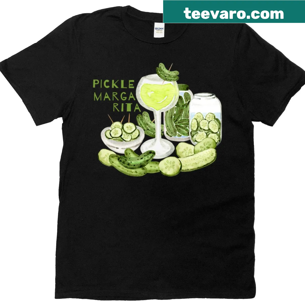 Whimsical pickle margarita graphic in a watercolor style — on a men's t-shirt