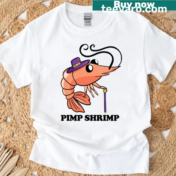 T-shirt featuring a whimsical shrimp graphic with a humorous tone