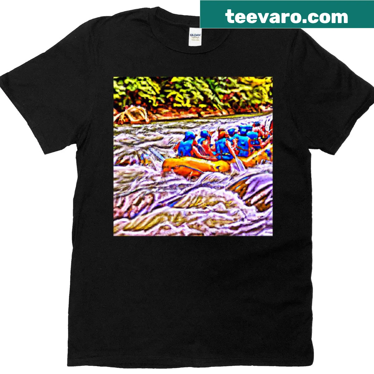 Pop-art style T-shirt showcasing the excitement of white water rafting — on a men's t-shirt