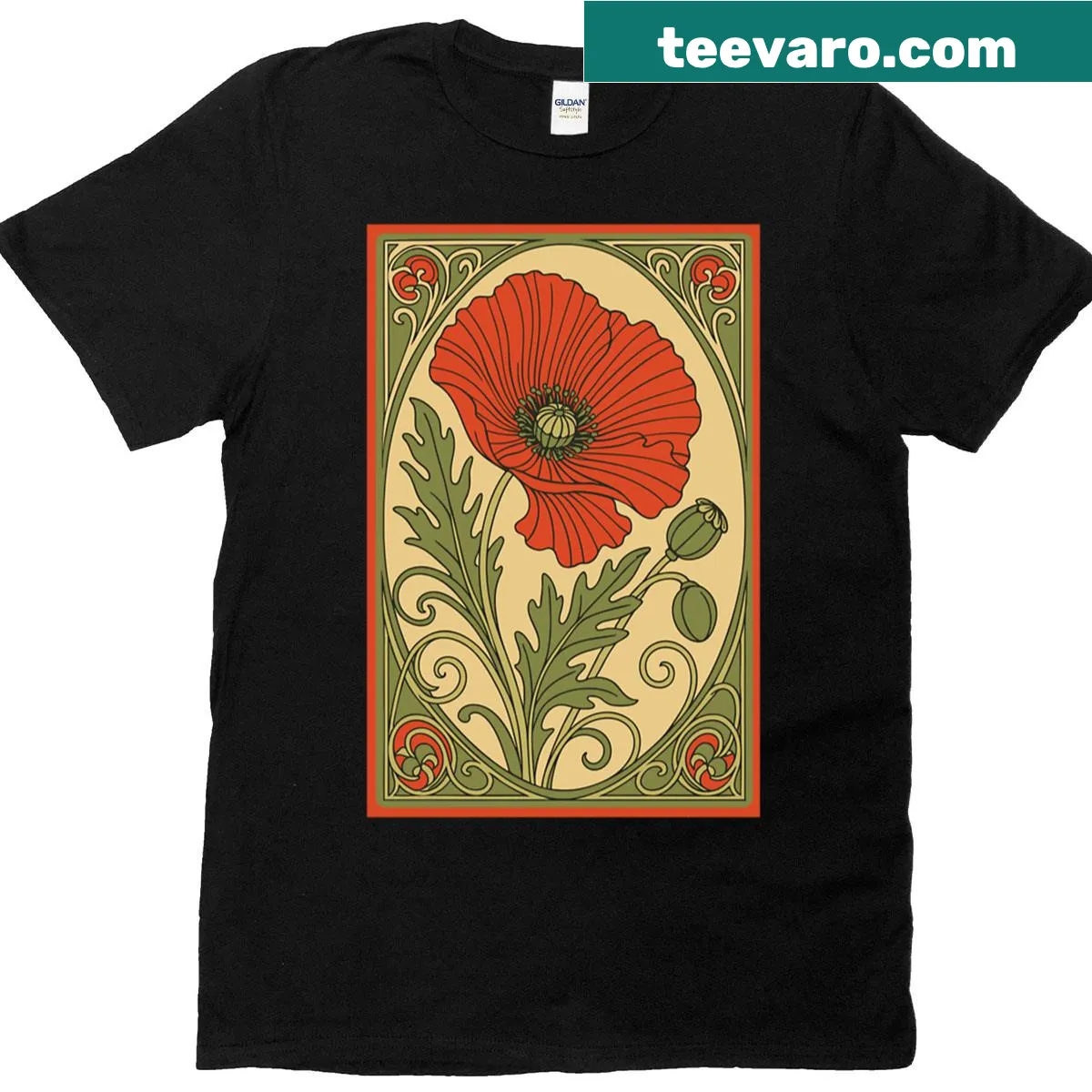 Art Nouveau style poppy flower graphic t-shirt — on a men's t-shirt