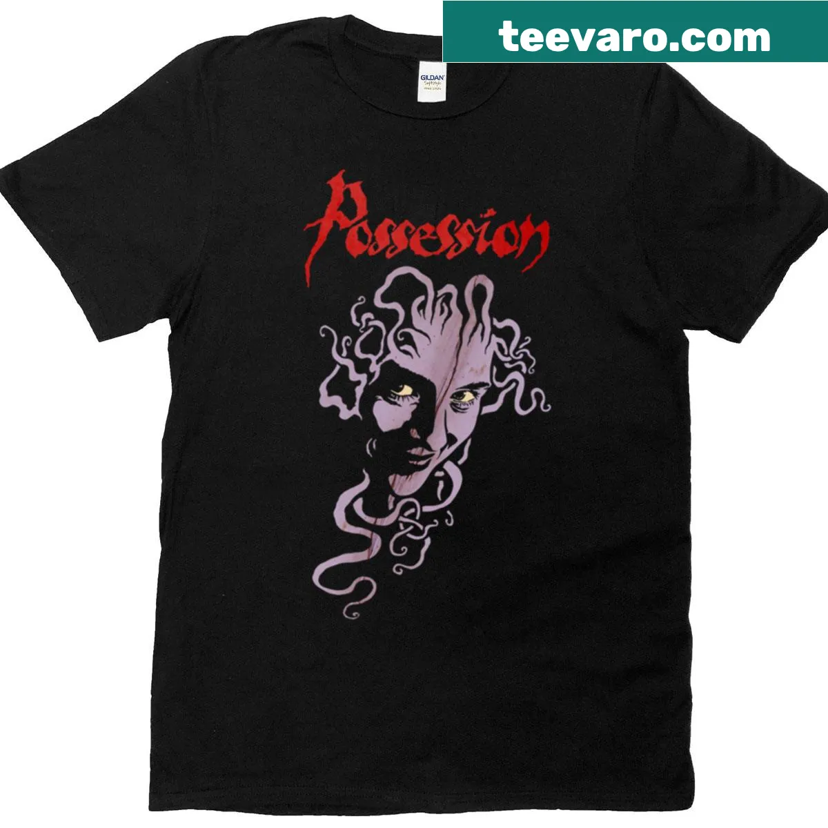 T-shirt featuring classic 'Possession' horror movie imagery — on a men's t-shirt