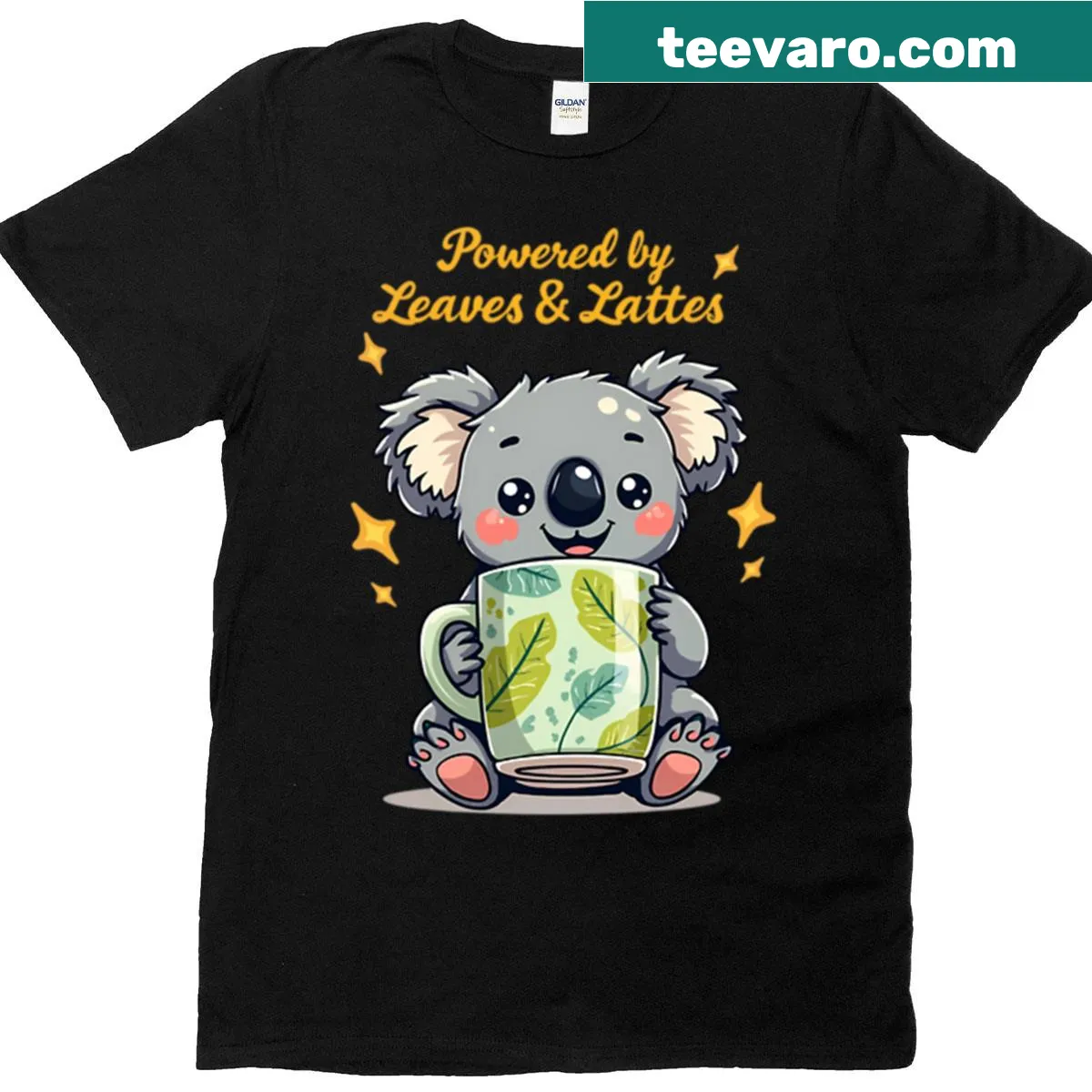 Cute koala illustration with 'Powered By Leaves Lattes' text — on a men's t-shirt