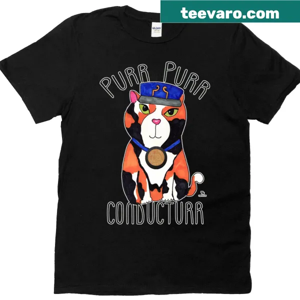 Whimsical T-shirt with a calico cat as a train conductor