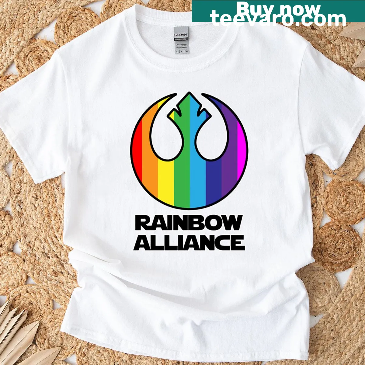 T-shirt featuring the Rainbow Alliance logo in an imaginative design — on a men's t-shirt