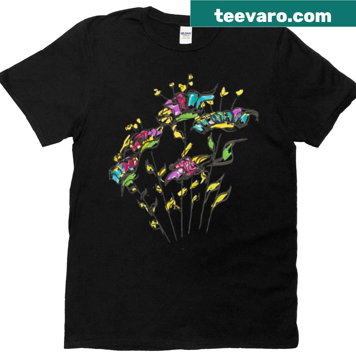 Abstract floral explosion T-shirt with freehand ink marker design — on a men's t-shirt