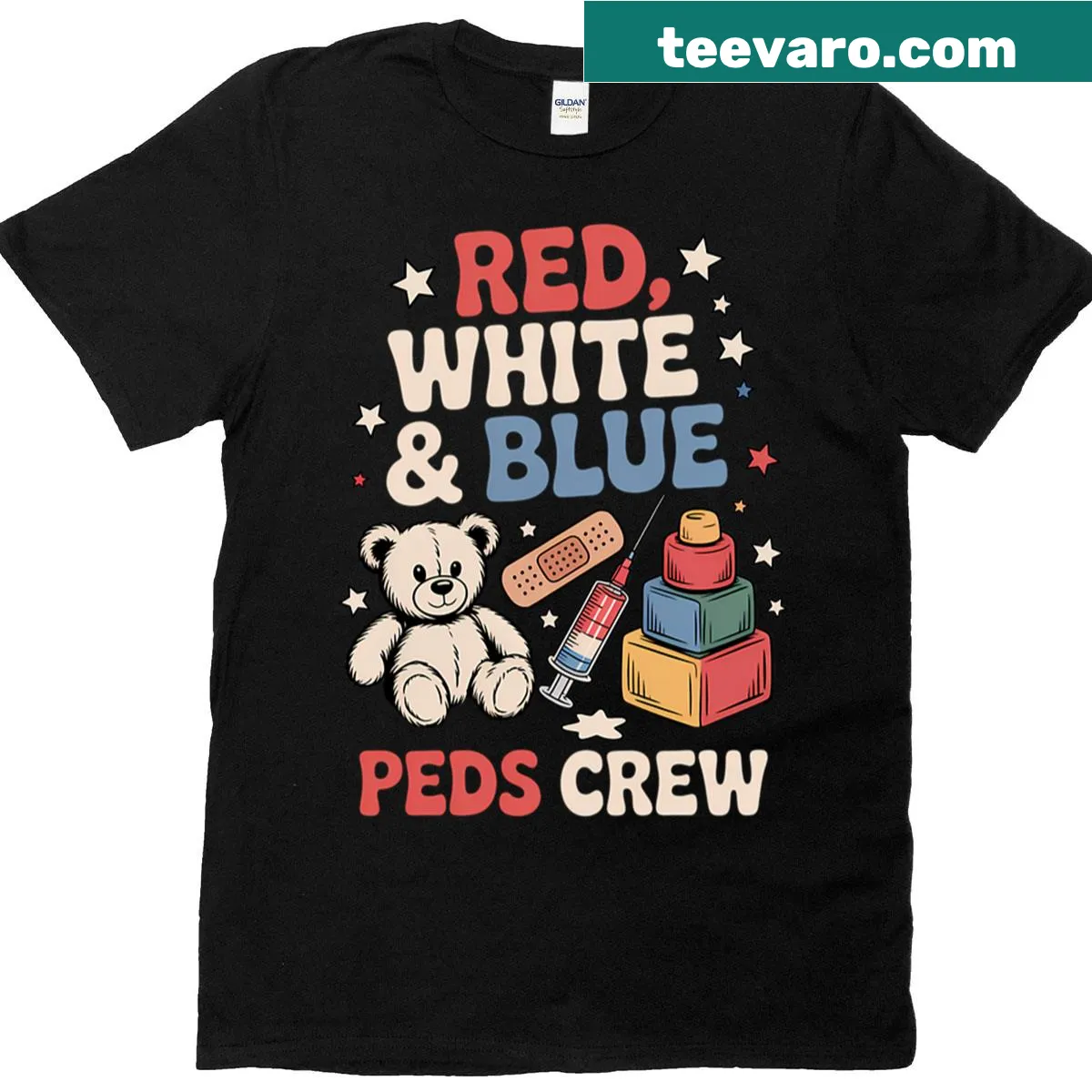 Red White And Blue Peds Crew T-shirt with patriotic text — on a men's t-shirt