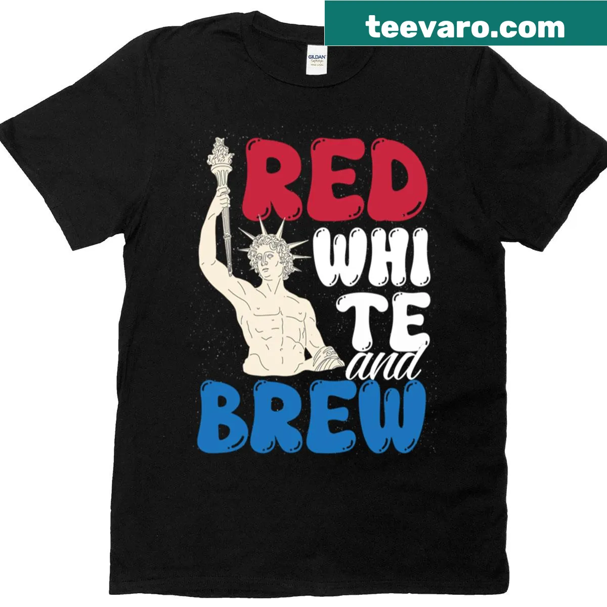 Red White And Brew Funny Beer T-shirt with playful text — on a men's t-shirt