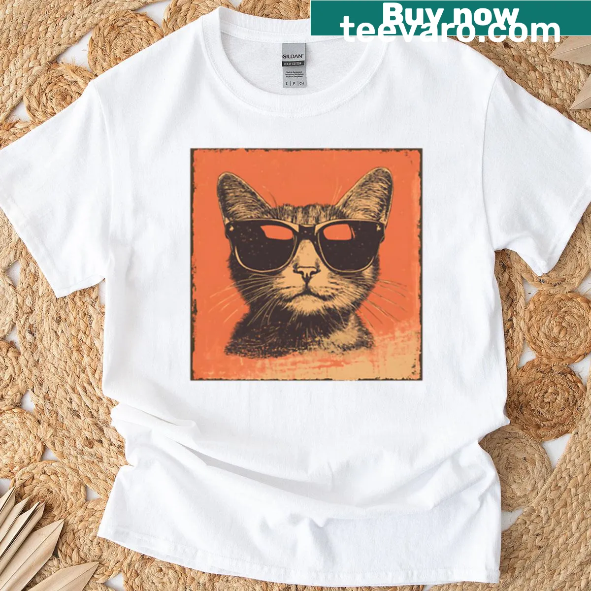 Vintage-style cat with sunglasses T-shirt design — on a men's t-shirt