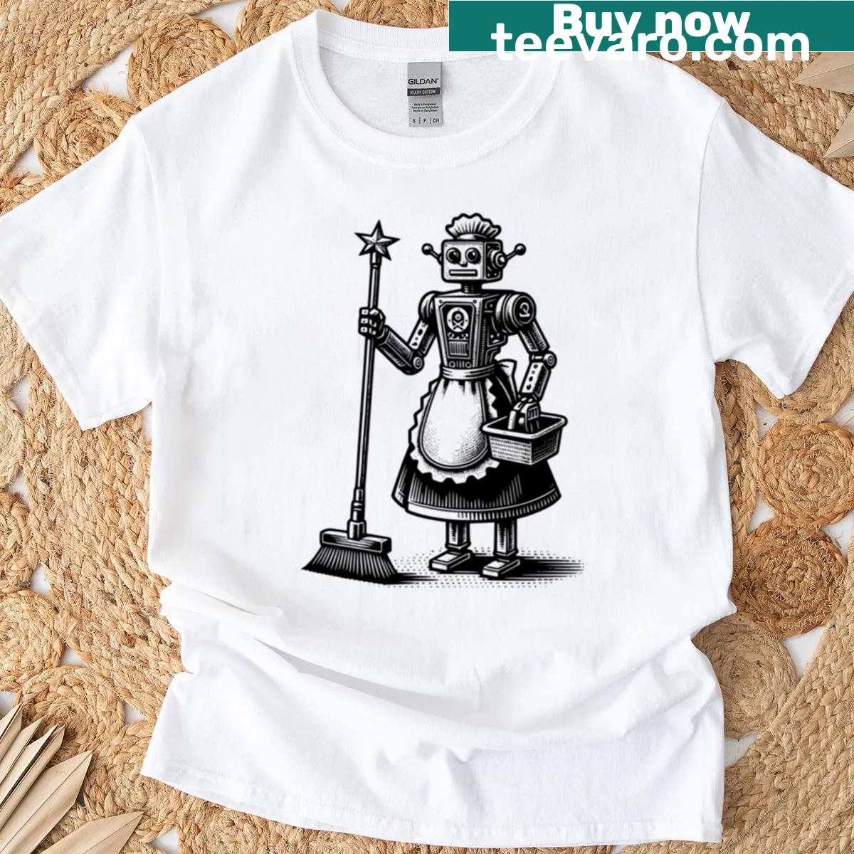 Illustration of a retro robot maid in cleaning uniform — on a men's t-shirt