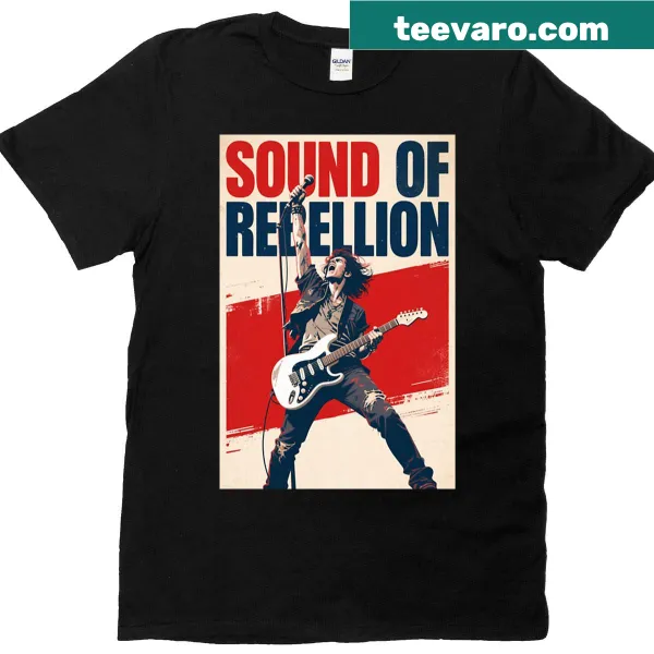 Illustrated rock guitarist t-shirt with a rebellious theme