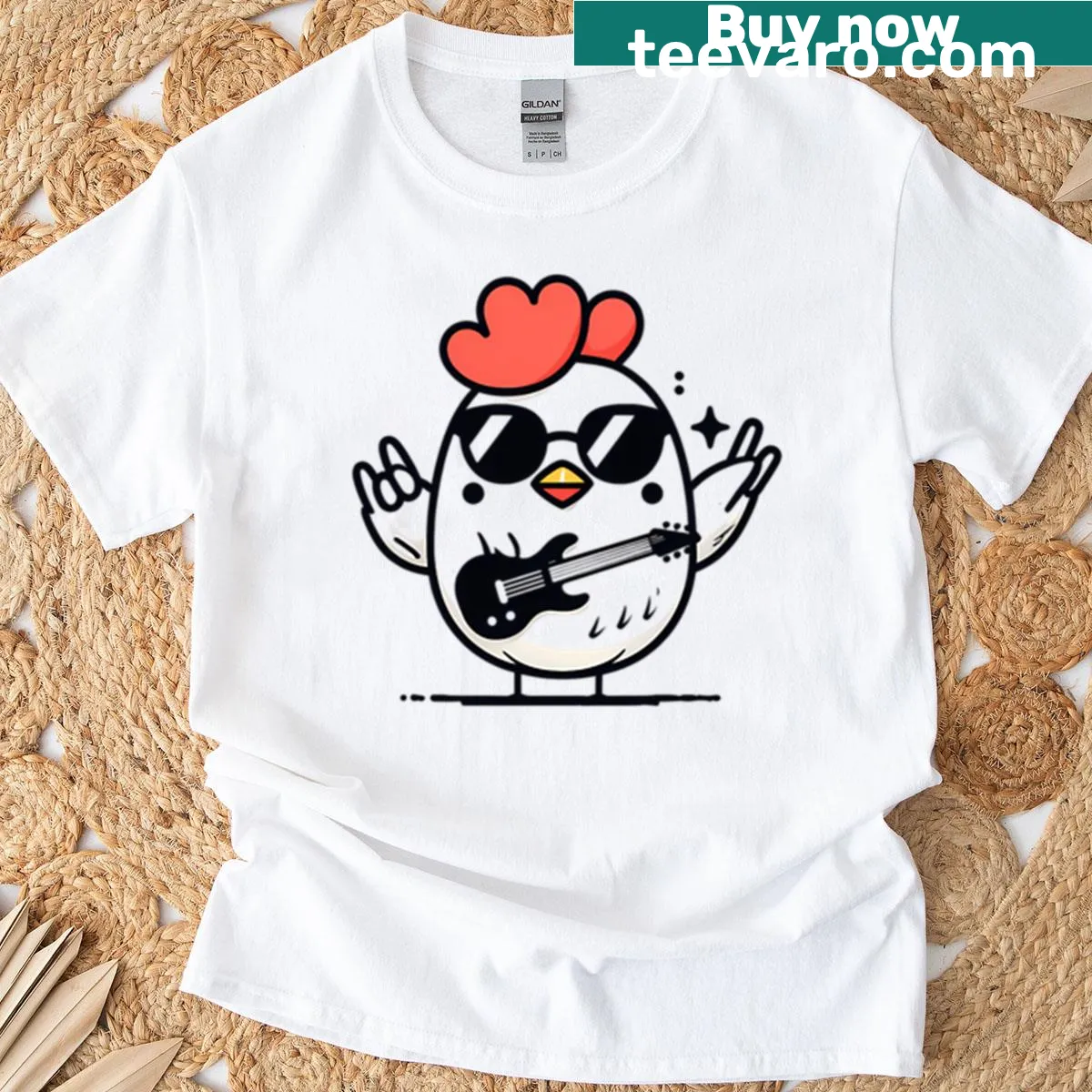 Cartoon hen with guitar t-shirt design — on a men's t-shirt