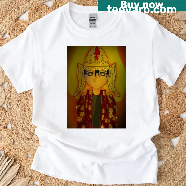 Anime warrior T-shirt with Thai-inspired golden armor and glowing eyes