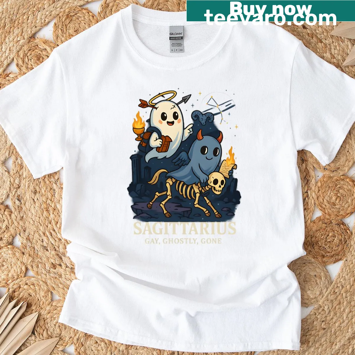 Ghost-themed Sagittarius T-shirt with playful design — on a men's t-shirt