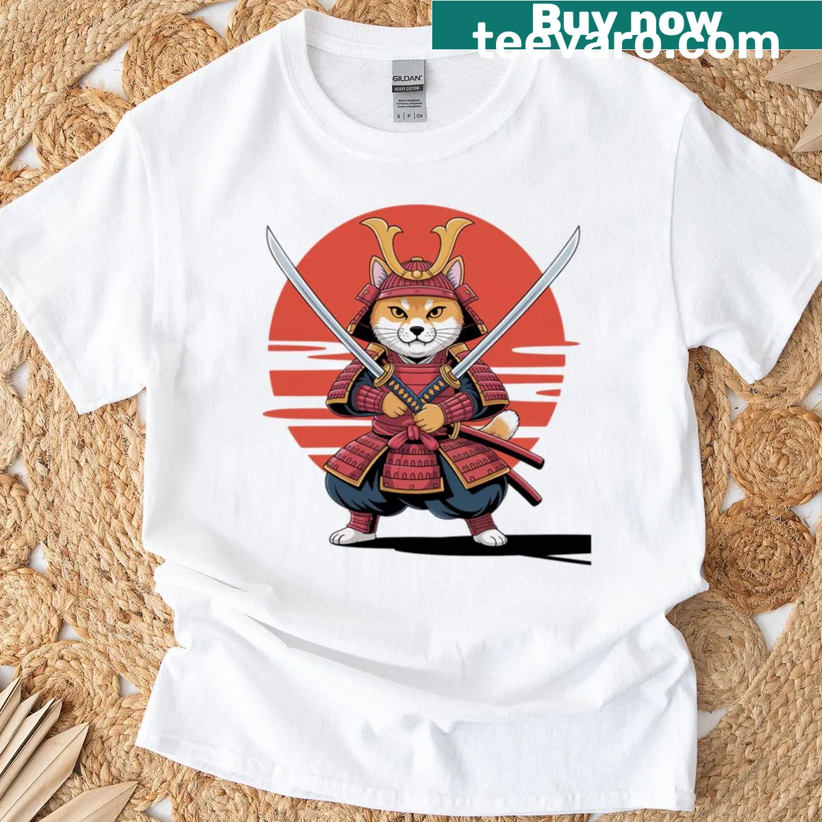 Samurai cat T-shirt with cherry blossoms and warrior design — on a men's t-shirt