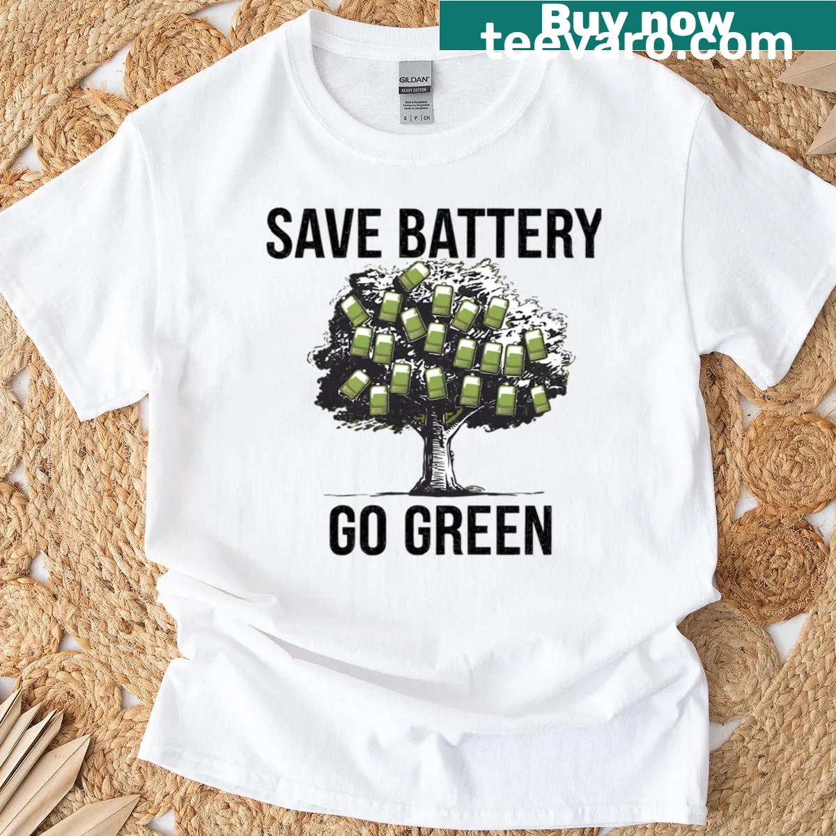 Saving Batteries Going Green t-shirt with eco-friendly message — on a men's t-shirt
