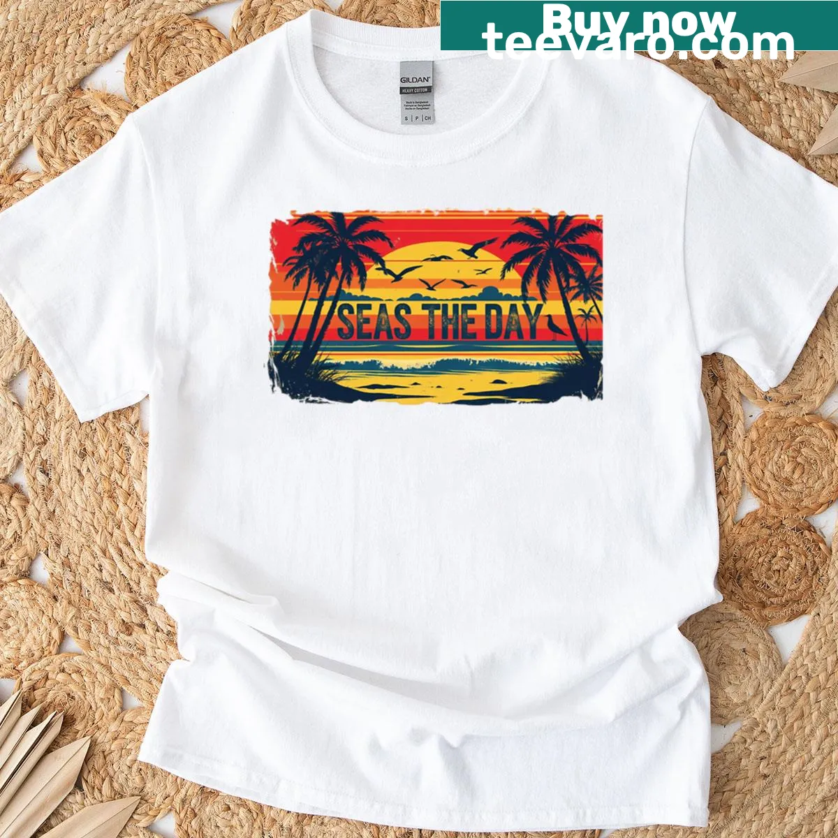 Funny beach-themed T-shirt with palm tree and pun — on a men's t-shirt