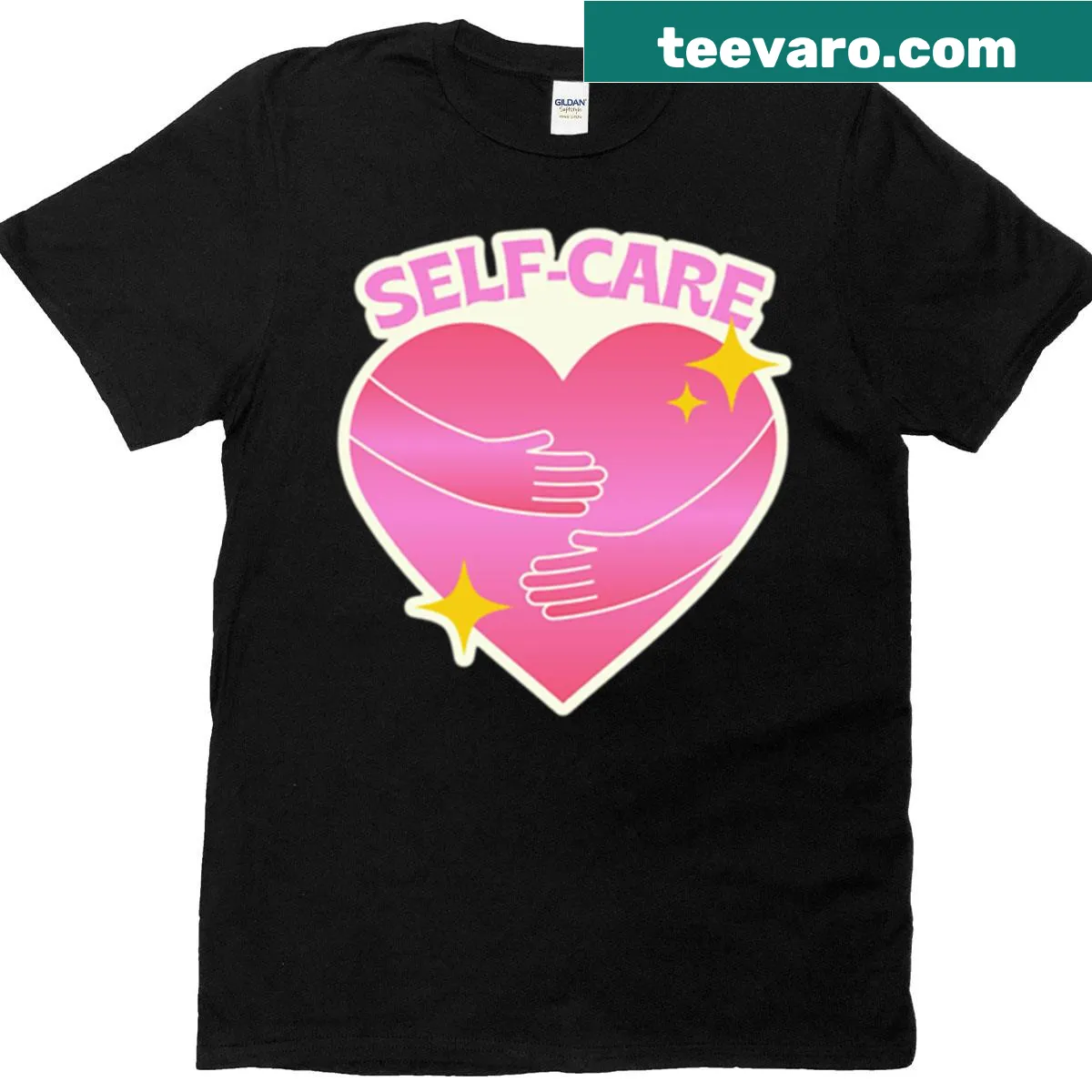 Cute pink self-care heart graphic T-shirt — on a men's t-shirt