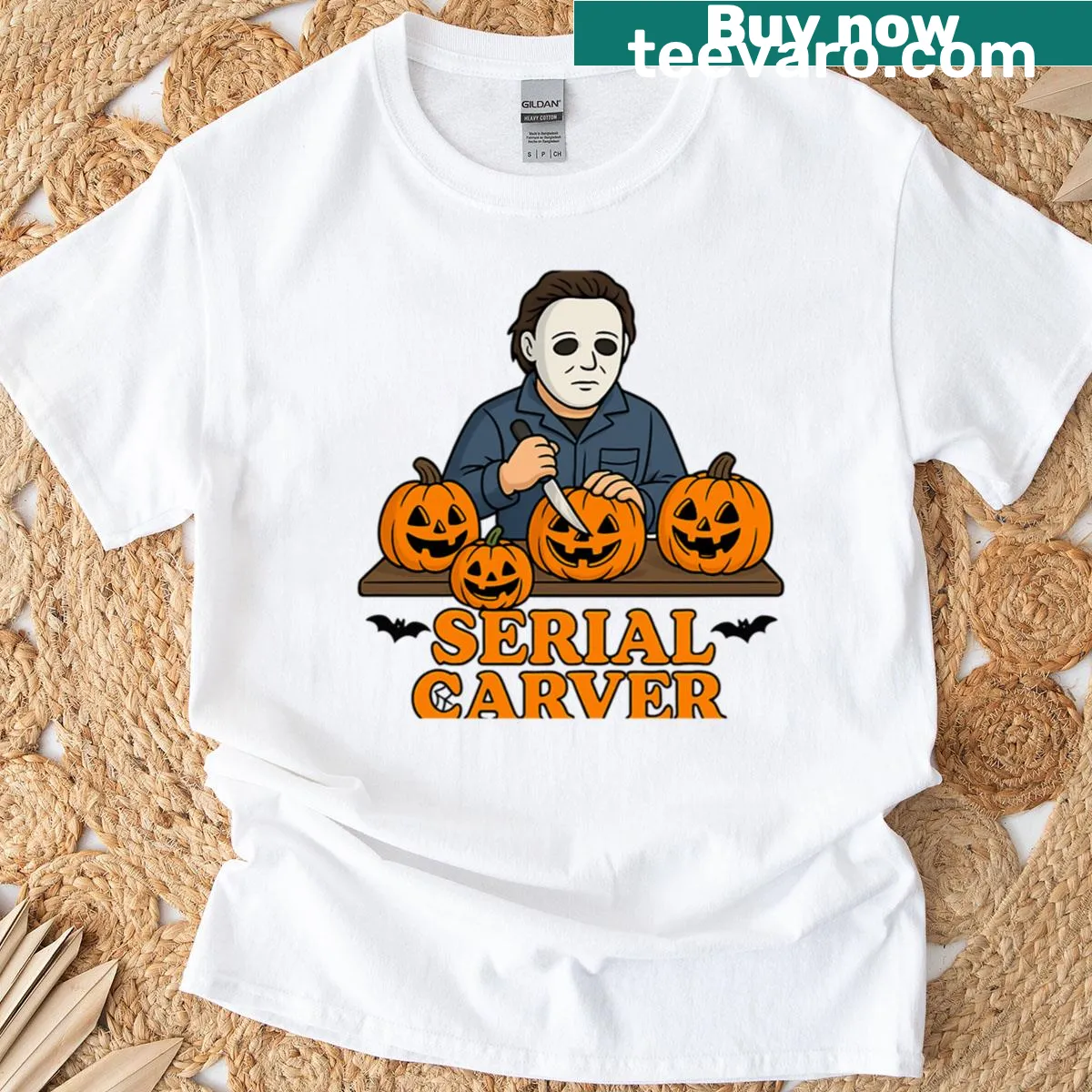 Funny Halloween T-shirt featuring Michael Myers and Jack-o-lantern — on a men's t-shirt