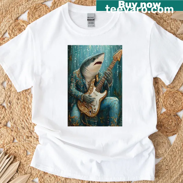 Quirky shark playing a guitar in a suit underwater illustration.