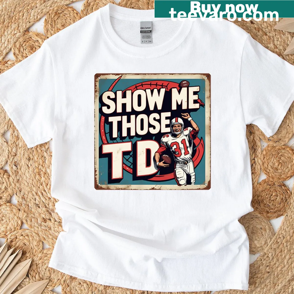 Playful football-themed text design on a casual T-shirt for sports fans. — on a men's t-shirt