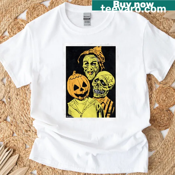 Pop art-style Halloween III Silver Shamrock masks design on a fun T-shirt.