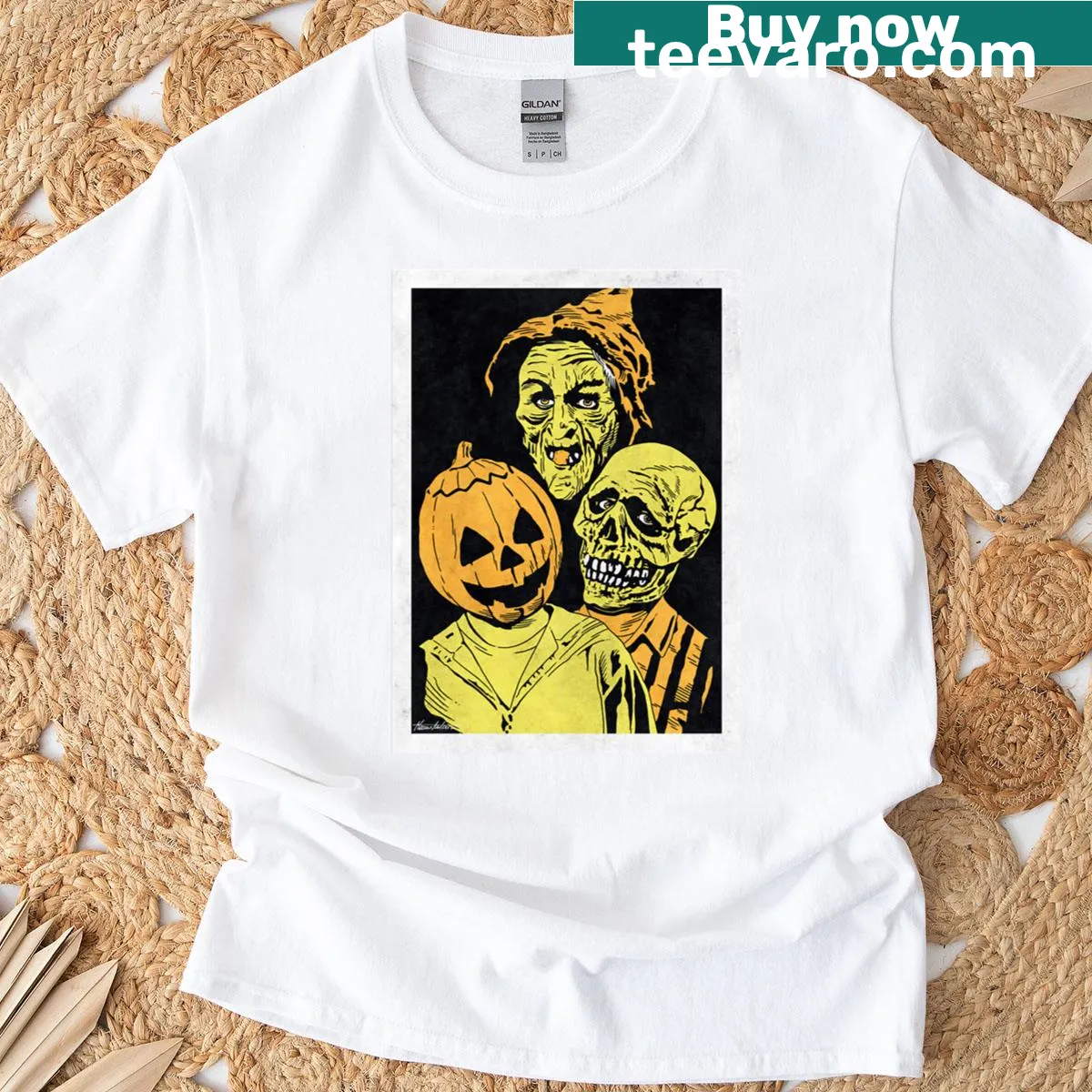 Pop art-style Halloween III Silver Shamrock masks design on a fun T-shirt. — on a men's t-shirt