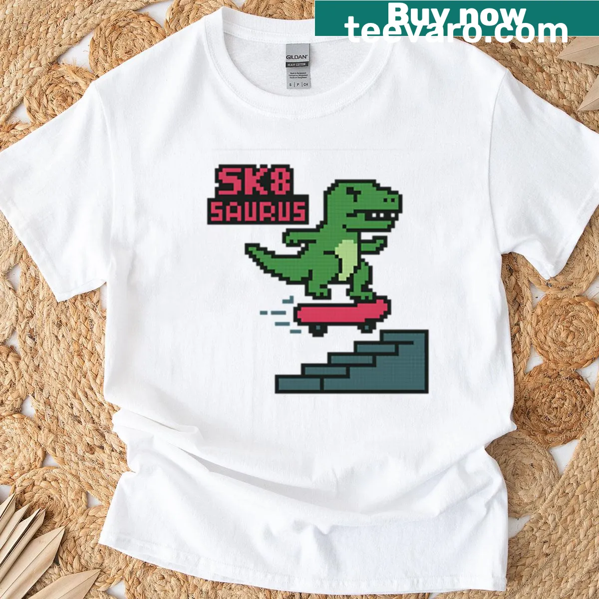 Pixel art dinosaur skating graphic on a T-shirt — on a men's t-shirt