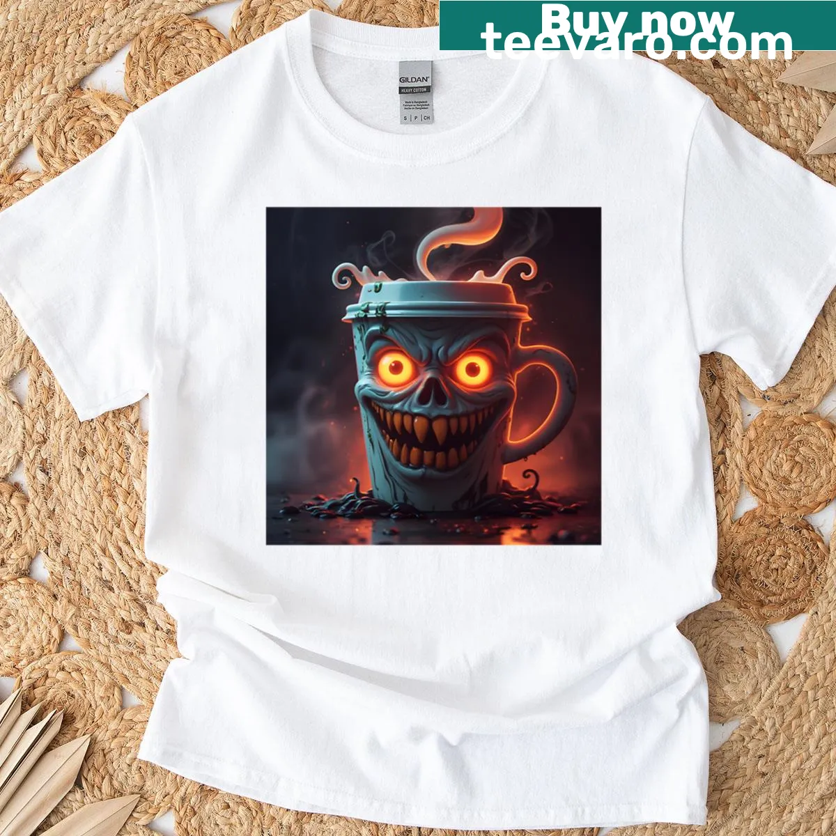 T-shirt with a creepy skull coffee mug illustration. — on a men's t-shirt