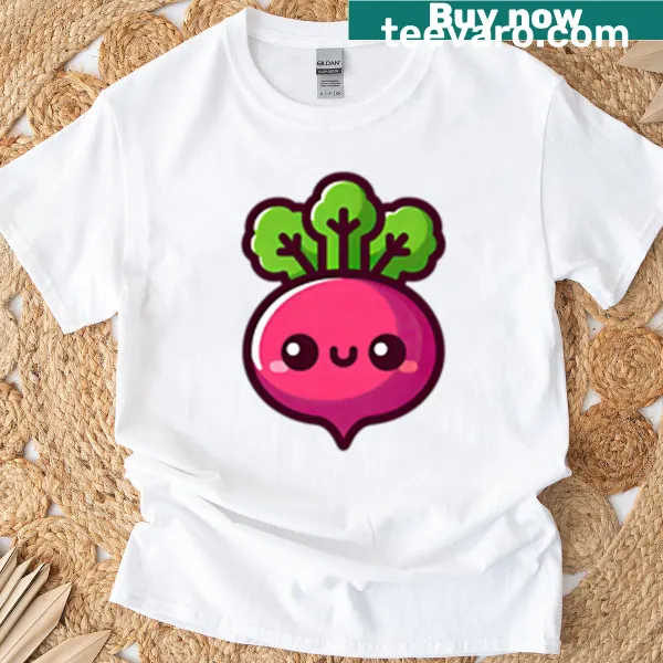Kawaii-style smiling beetroot cartoon on a T-shirt