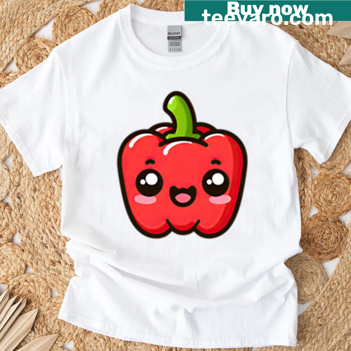 Cartoon bell pepper t-shirt featuring a smiling kawaii character — on a men's t-shirt