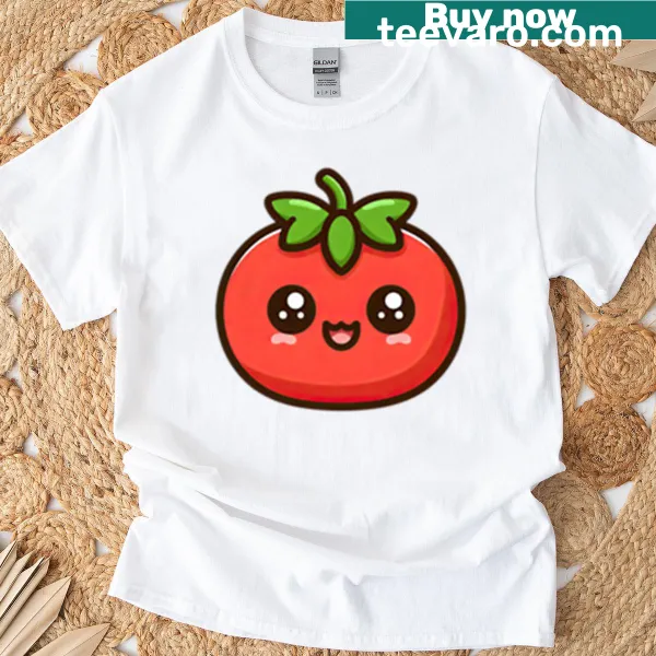 Kawaii tomato cartoon t-shirt featuring a smiling fruit character