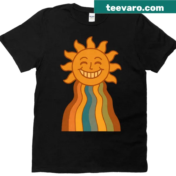 Retro smiling sun graphic T-shirt with rainbow art
