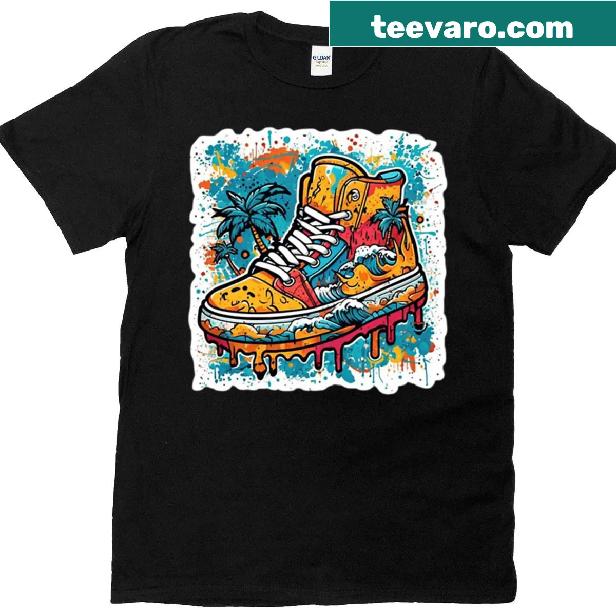 Graffiti-style sneaker-themed T-shirt with dynamic design elements — on a men's t-shirt