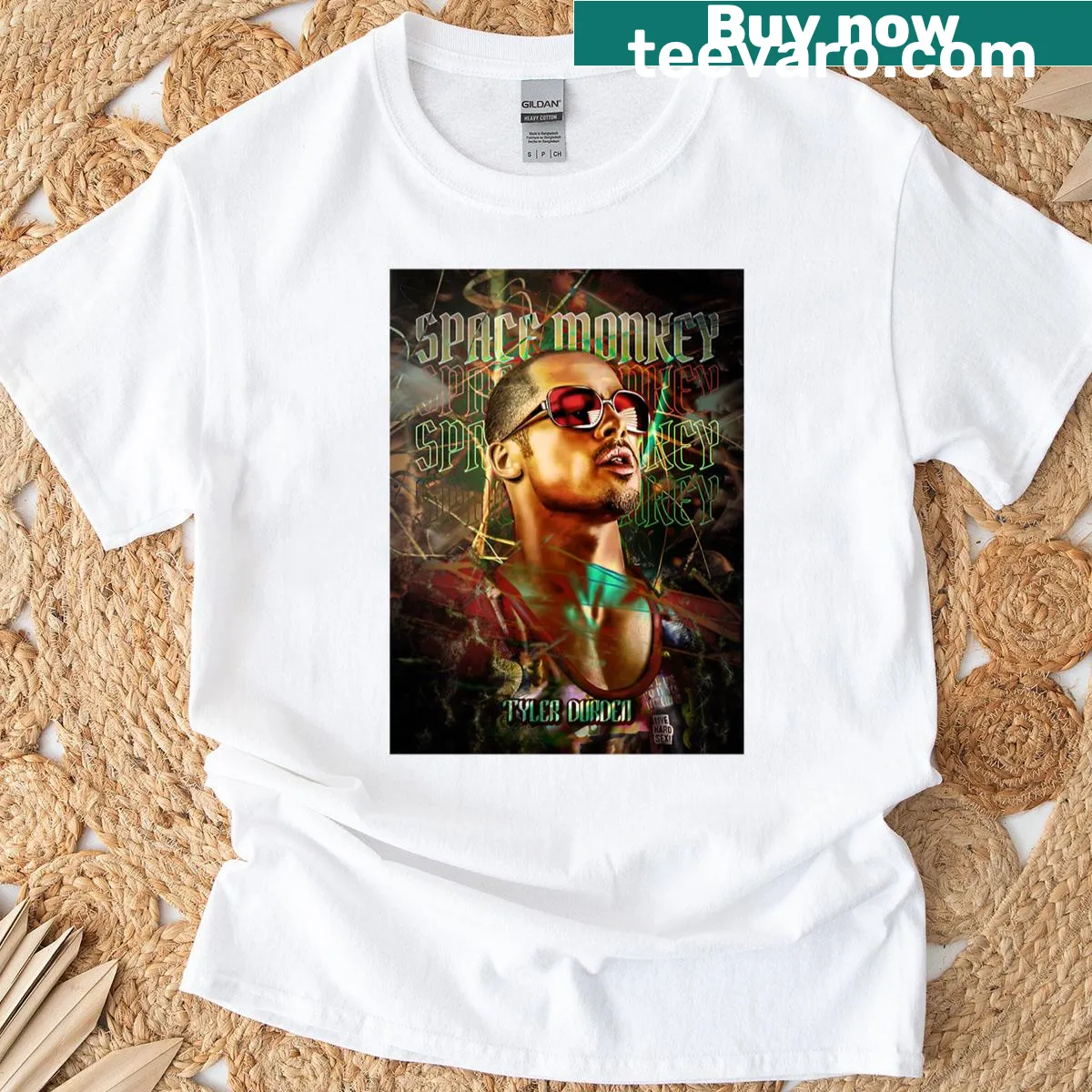 Illustrative t-shirt with a cartoon monkey wearing red glasses — on a men's t-shirt