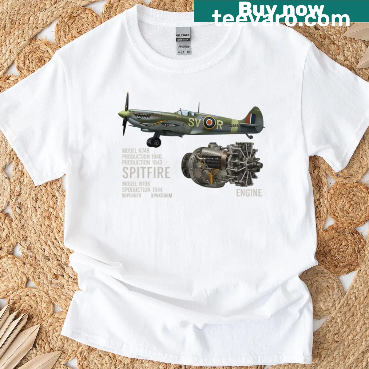 T-shirt featuring an illustration of the iconic Spitfire aircraft. — on a men's t-shirt