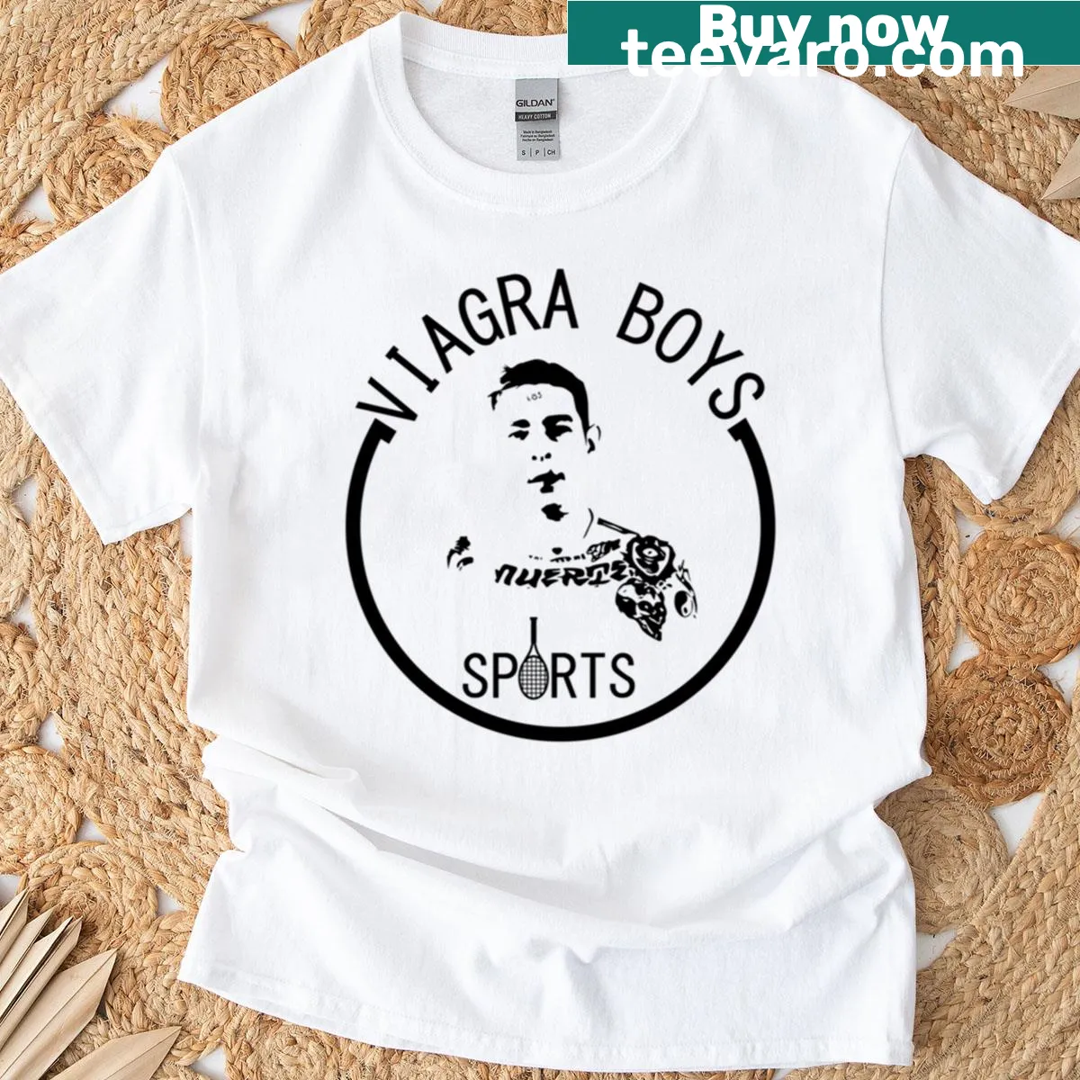 VB Band T-shirt with sports and musical elements illustration — on a men's t-shirt