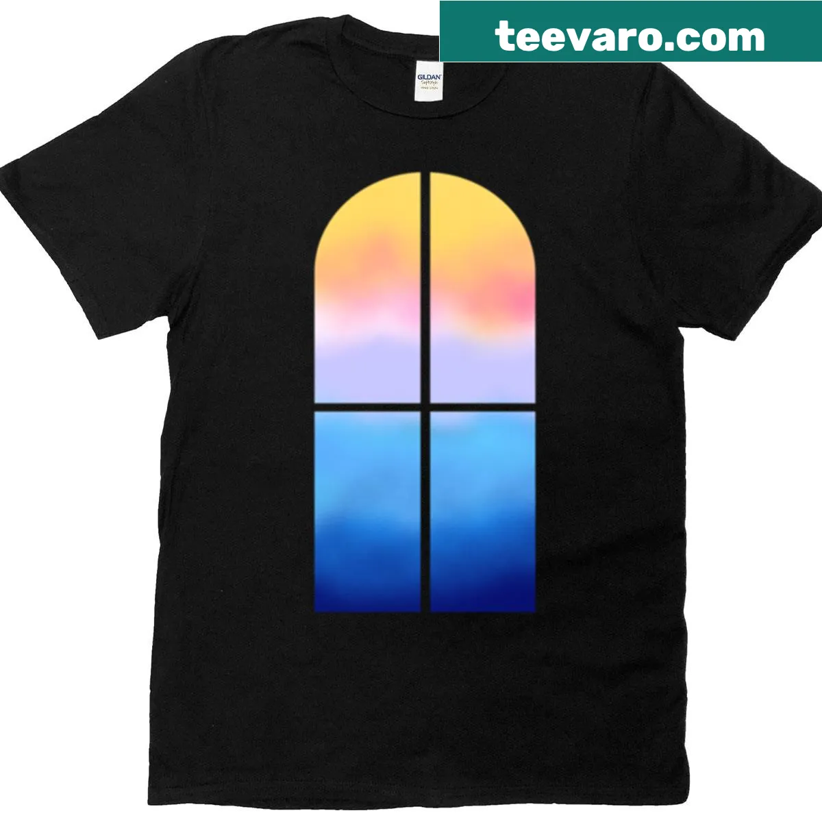 Realistic sunset through a window design on a T-shirt — on a men's t-shirt