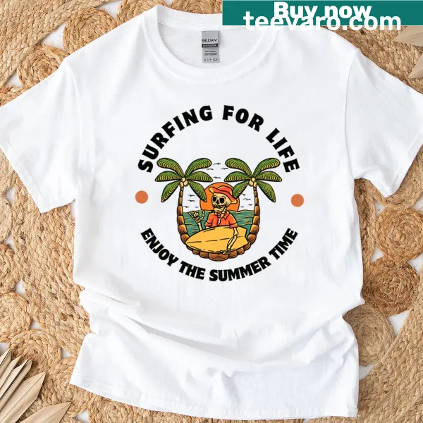 Playful 'Surfing Time' T-shirt featuring waves and surfboards