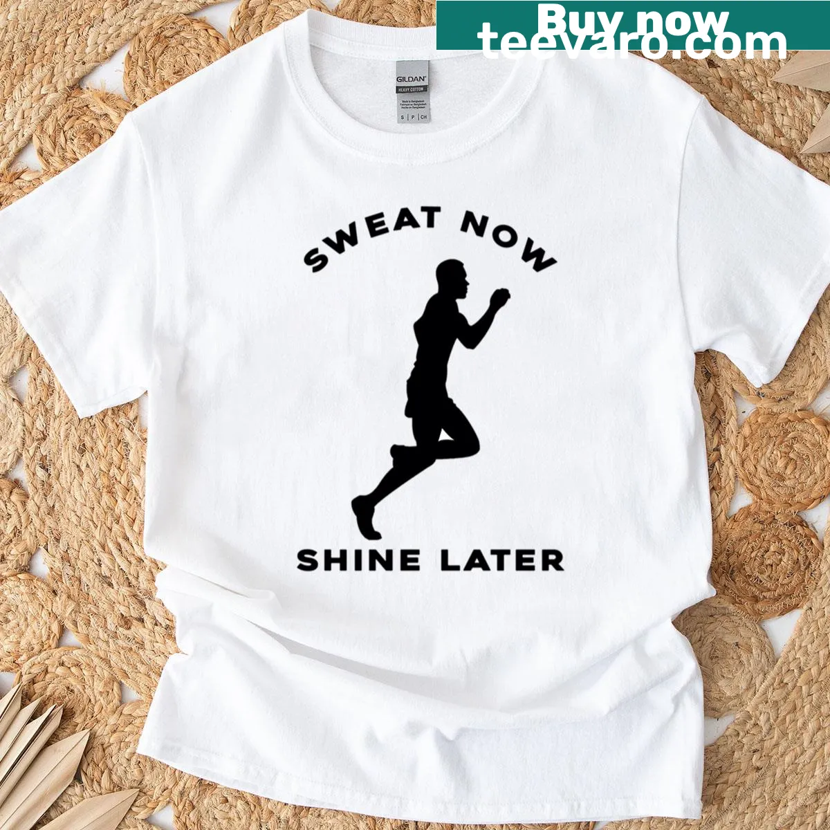 Inspirational T-shirt with 'Sweat Now Shine Later' text design — on a men's t-shirt