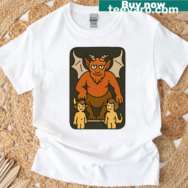 Illustrated tarot card featuring The Devil on a t-shirt
