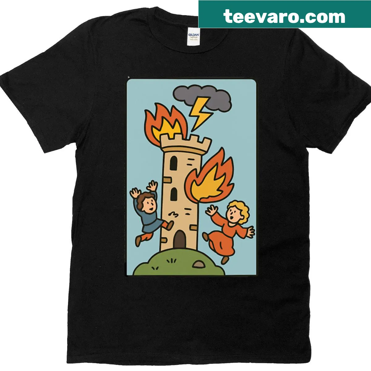 The Tower tarot card design featured on a T-shirt — on a men's t-shirt