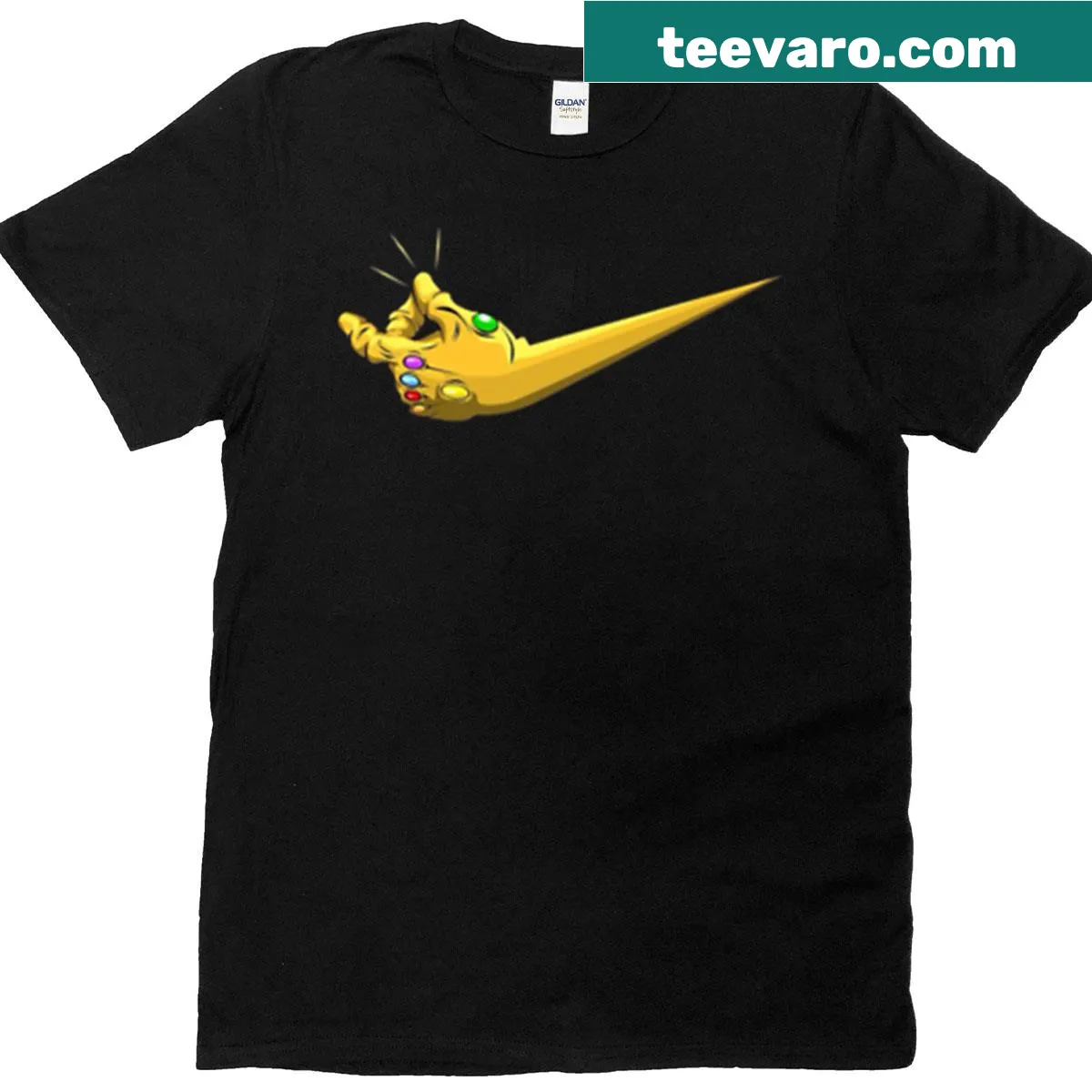 Illustrated T-shirt featuring the iconic Thanos Infinity Gauntlet from Marvel. — on a men's t-shirt