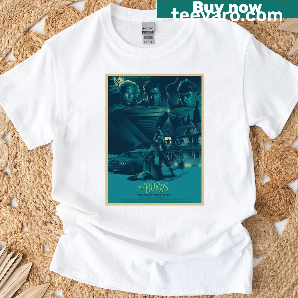 Illustrative vintage-style T-shirt featuring graphics inspired by The Burbs movie. — on a men's t-shirt