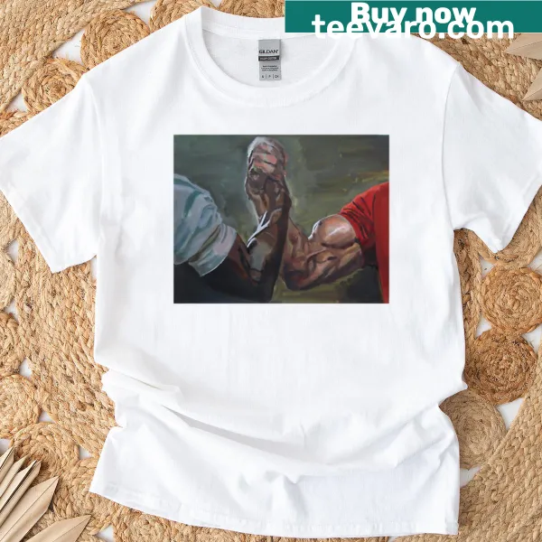 Illustrative handshake graphic on a t-shirt