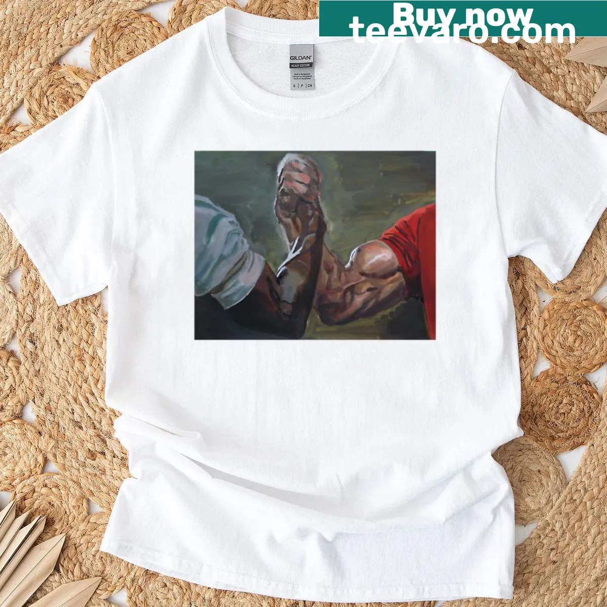 Illustrative handshake graphic on a t-shirt — on a men's t-shirt