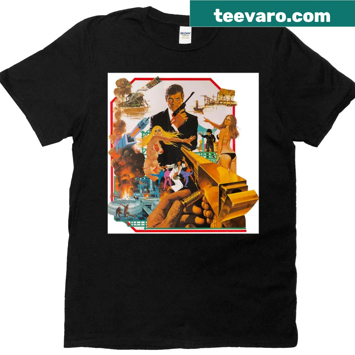 Illustrative Man With The Golden Gun t-shirt for film enthusiasts — on a men's t-shirt