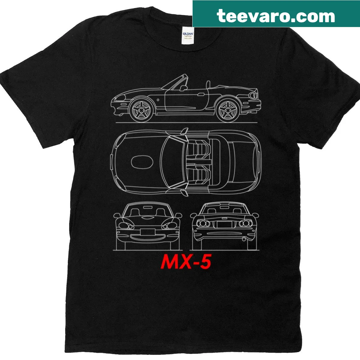 Minimalist Mx-5 blueprint graphic T-shirt — on a men's t-shirt