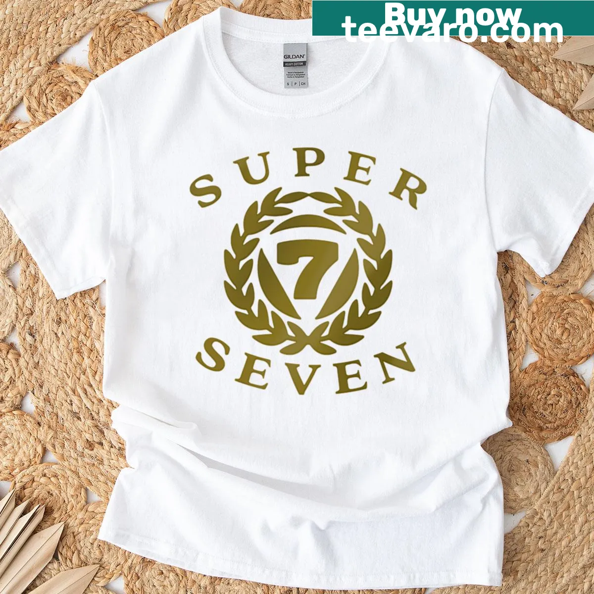 Vintage-style graphic t-shirt featuring the Super Seven — on a men's t-shirt